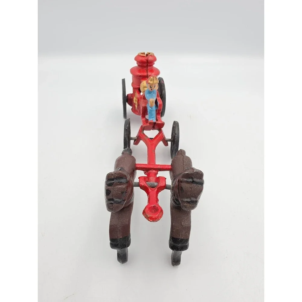 Vintage Cast Iron Horse Drawn Fire Pumper Toy Red Fire Engine Collectible